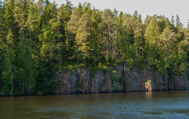 Kayalık sahil Valaam Bay adasında. Karelya