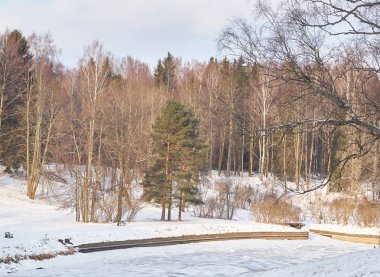 bir kış parkında gün. Donmuş bir nehrin kıyısında bir bank ve ağaçlar vardır. Yumuşak güneş sahneyi aydınlatır