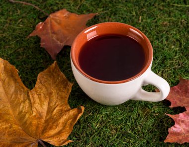 Kupa çimenli bir arka plan üzerinde sarı yapraklar çevrili sıcak bir içecek ile. Instagram stili.