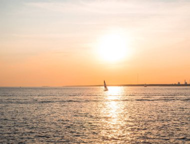 Finlandiya Körfezi 'nde gün batımında yelkenli.