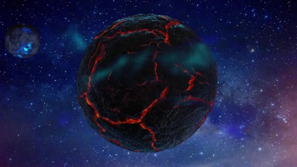 宇宙背景 冷たい溶岩と赤い溶岩の川で覆われた死んだ惑星 — ストック動画