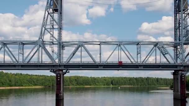 Motor Ship Approaches Railway Bridge River — Stock Video