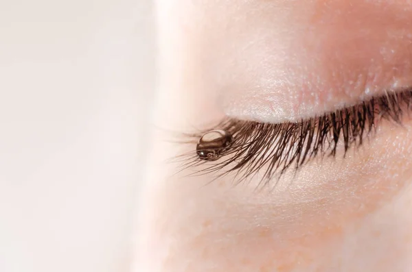 A tear on eyelashes closeup