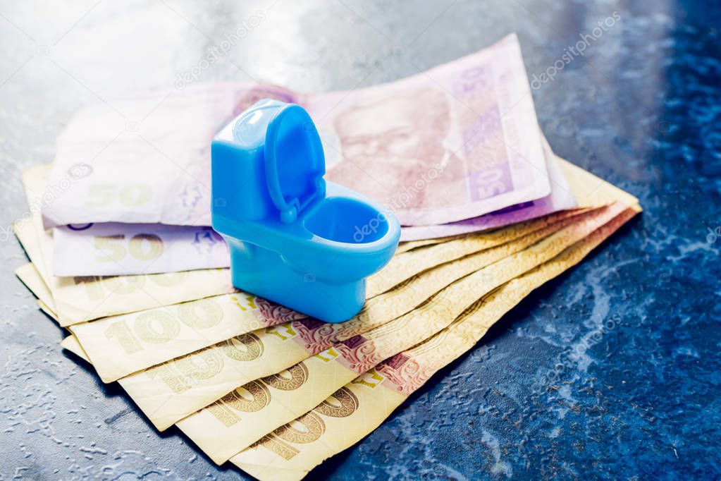 A blue toy toilet bowl stands on the money of Ukrainian hryvnas