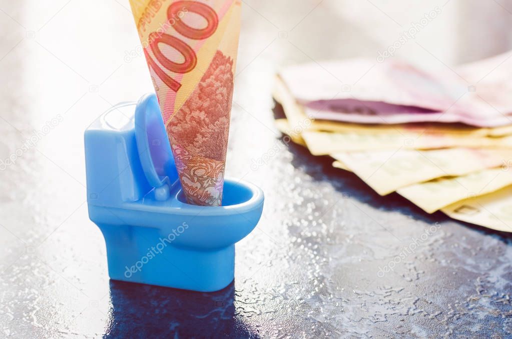 One hundred Ukrainian hryvnia in a blue toy toilet