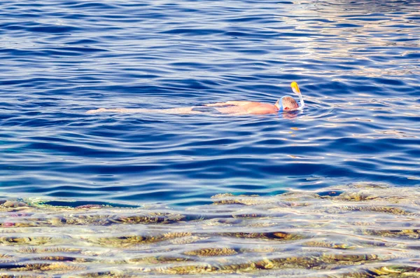 Ein Mann mit Schnorchelmaske schwimmt in einem Korallenriffpool. Touristischer Lebensstil, Wassersport — Stockfoto