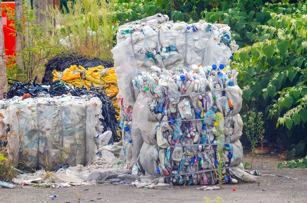 Plastflaskor pressade till balar, förberedelse för bearbetning — Stockfoto