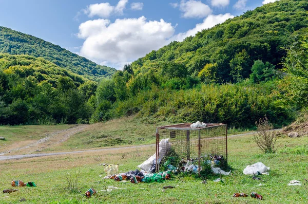 Déchets dispersés autour d'une poubelle dans la nature, pollution de l'environnement — Photo