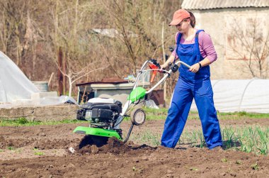 Young girl plows the land with a cultivator in spring garden. clipart