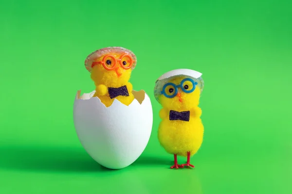 Two toy chicken in an egg shell on a green background.