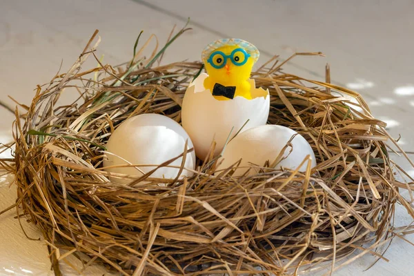 Yellow Toy Chickens Eggs Nest — Stock Photo, Image