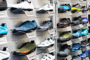Kyiv, Ukraine, February 28, 2020: Bicycle shoes on the counter in the store.