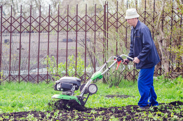 A man plows the land with a cultivator in a spring garden.