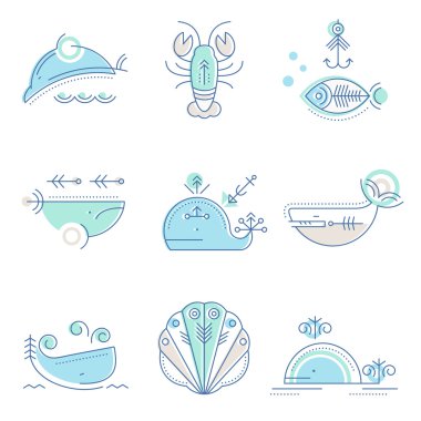 Deniz Icon set, ince darbeleri ile minimalist düz tasarımı