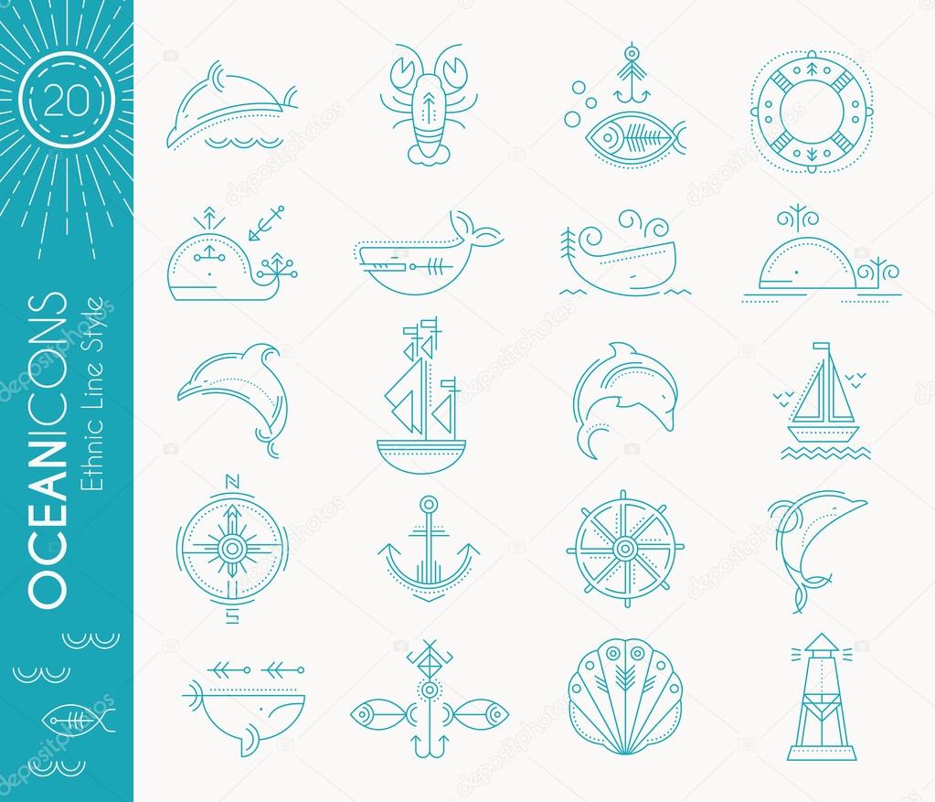 Nautical icon set, minimalistic flat design with thin strokes