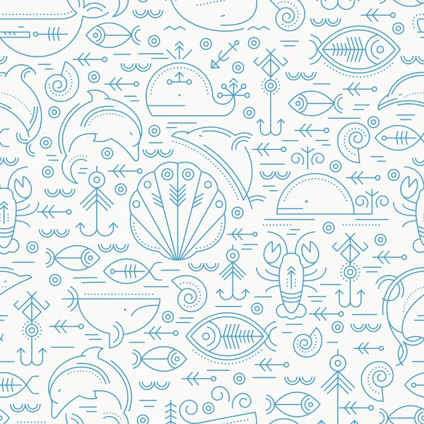 Patrón sin costura vectorial con signos de animales marinos delineados — Vector de stock