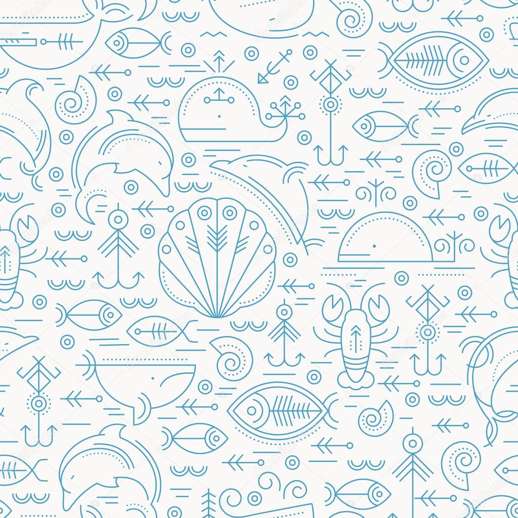 Vector seamless pattern with outlined sea animals signs