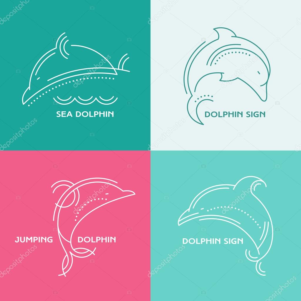 Dolphins - line style illustration set of marine mammals. Minimalistic outlined emblem, creative ethnic style
