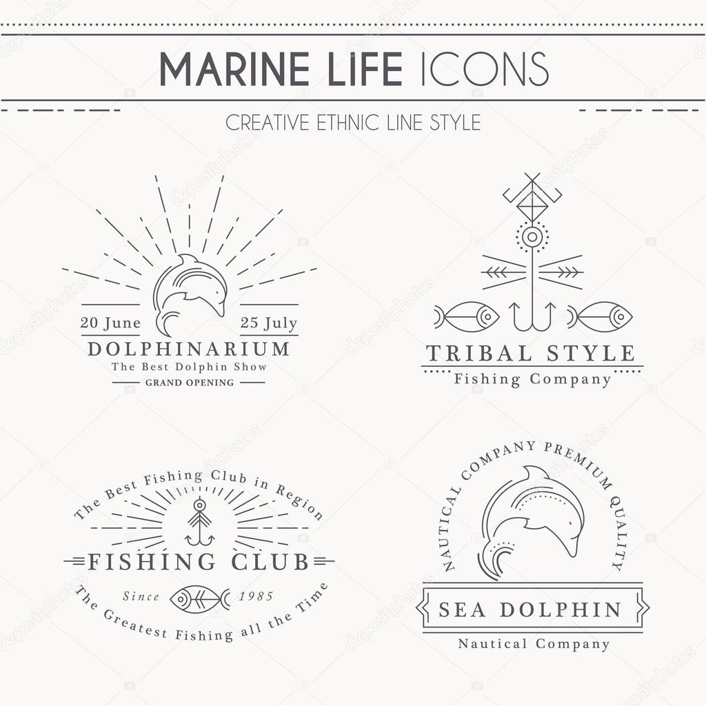 Premium class emblems with sea dolphin, dolphinarium, fishing club