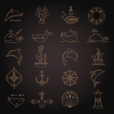 Deniz Icon set, ince darbeleri ile minimalist düz tasarımı