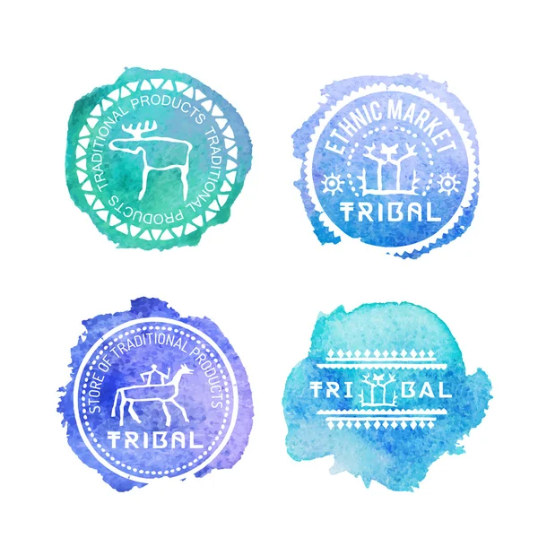 Set of 4 tribal style badges with hand drawn illustrations and text — Stock Vector