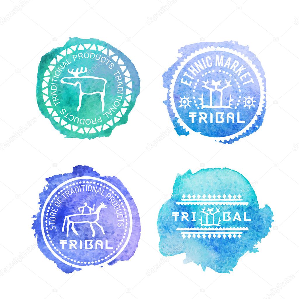 Set of 4 tribal style badges with hand drawn illustrations and text