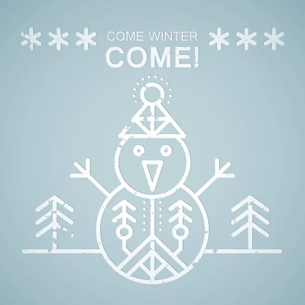 Emblème de style ligne avec bonhomme de neige stylisé — Image vectorielle