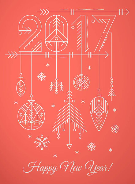 New Year greeting card template with 2017 sign and decorations