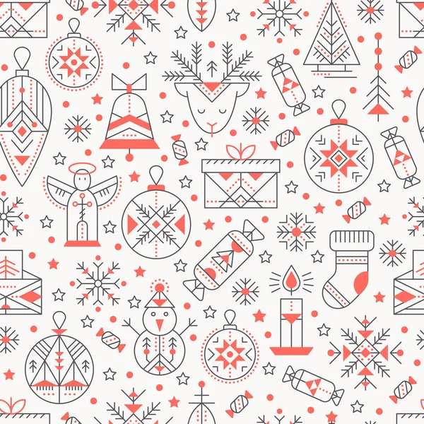 Christmas seamless pattern with outlined holiday and winter signs. — Stock Vector