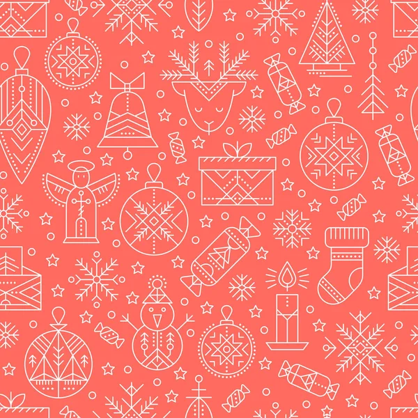 Рождественский бесшовный узор с очерченными праздничными и зимними плакатами . — стоковый вектор