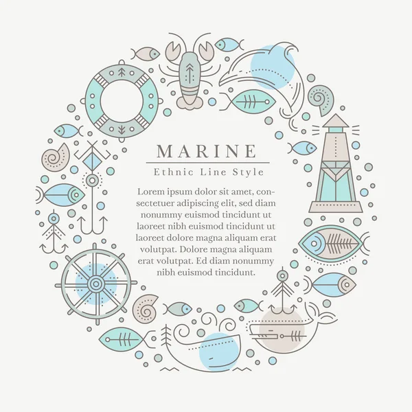 Vectorillustratie met overzicht nautische maritieme tekenen en zeedieren — Stockvector