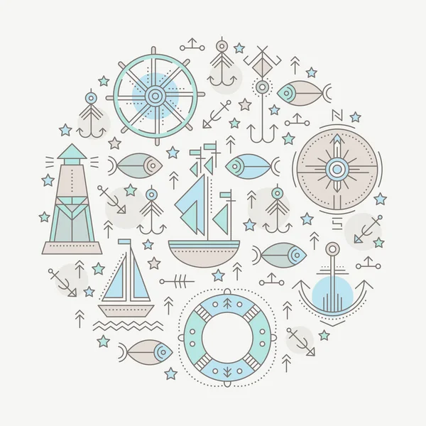 Vector illustration with outlined nautical seafaring signs and marine animals — Stock Vector