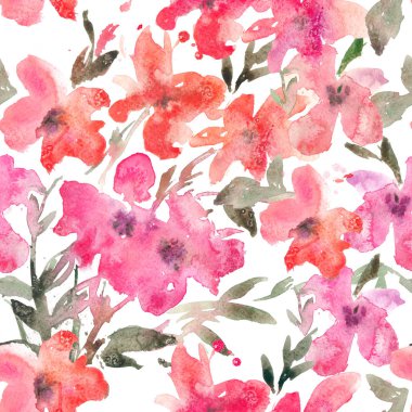 Sulu Boya Dikişsiz desen beyaz arka plan üzerinde parlak gevşek çiçekli.