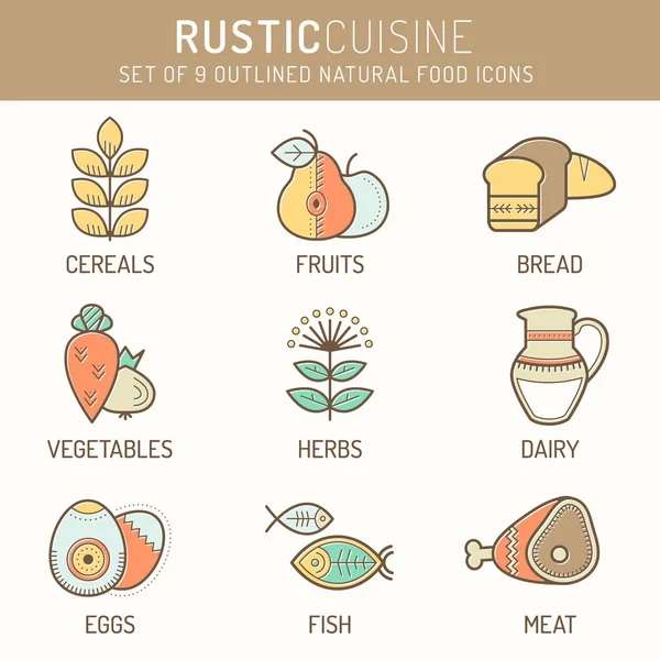Iconos de alimentos naturales en estilo étnico lineal — Vector de stock