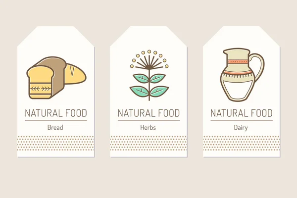Set of card templates with outlined natural food signs — Stock Vector