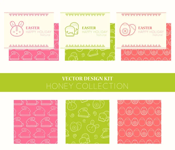 Kit de design vetorial com modelos de cartão de Páscoa e padrões sem costura . —  Vetores de Stock