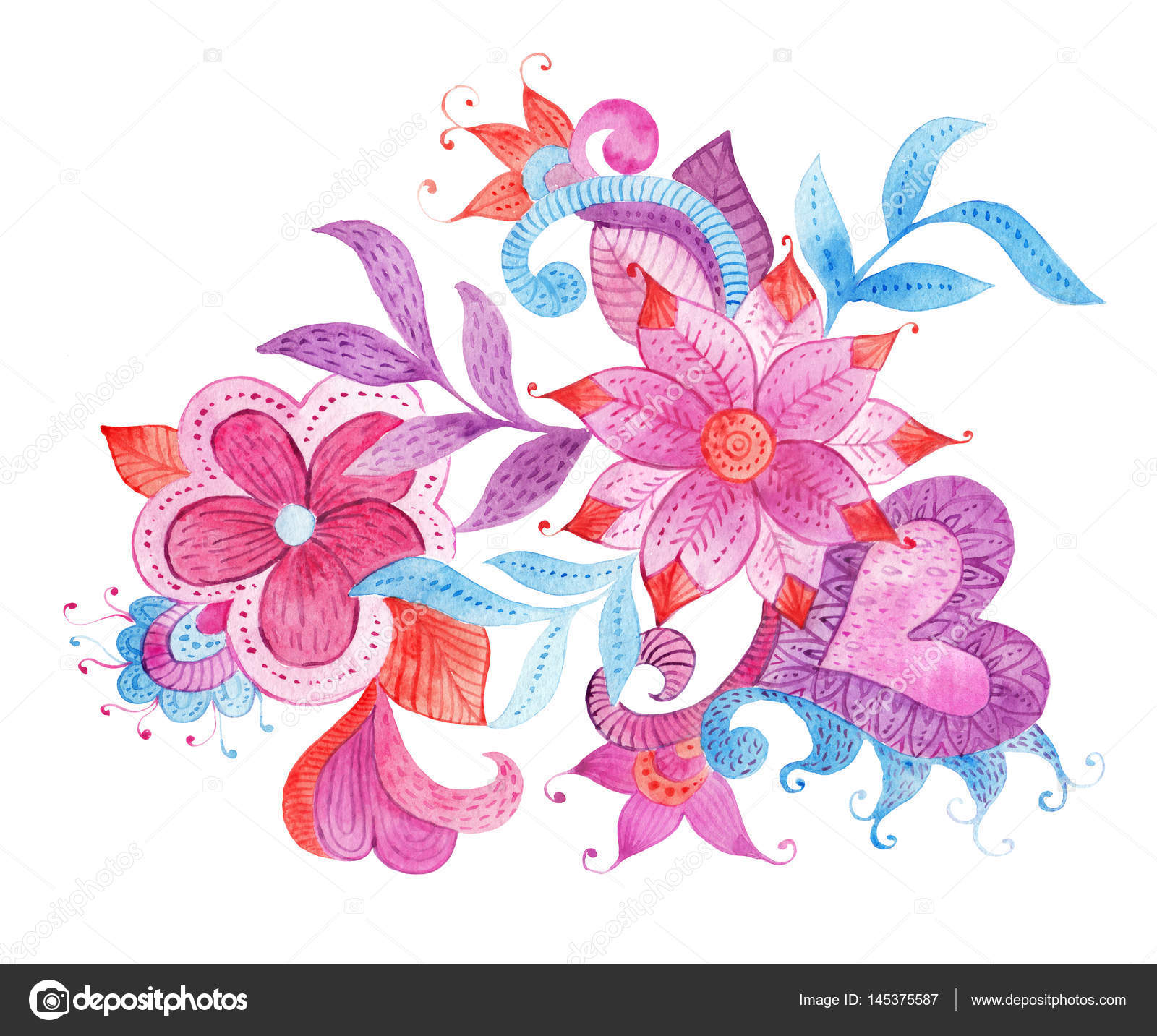 Illustrazione astratta con colorati a mano dipinto ad acquerello fantasia foglie e fiori — Foto Stock