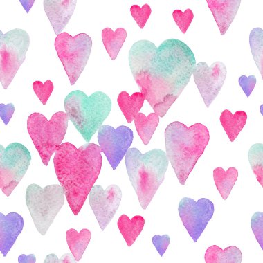 Renkli kalpler - pembe, mor, mavi renk tonları ile Seamless suluboya modeli.
