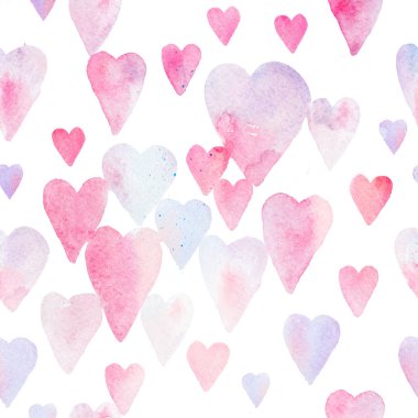 Renkli kalpler - pembe, mor renk tonları ile Seamless suluboya modeli.