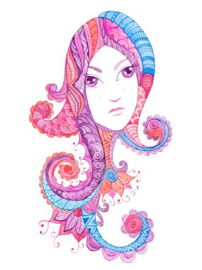 Kaprisli el çizimi sulu boya zentangles, kadın portre ile çekilmiş