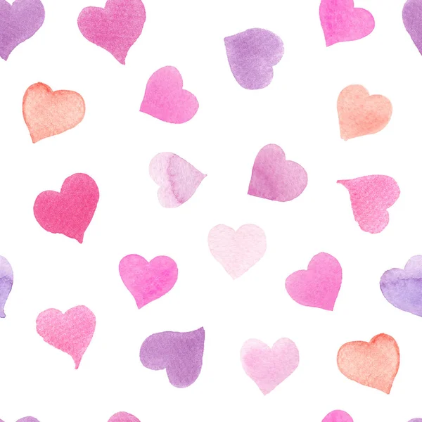 Безшовний акварельний візерунок з барвистими сердечками рожевий, фіолетовий, синій відтінки . — стокове фото