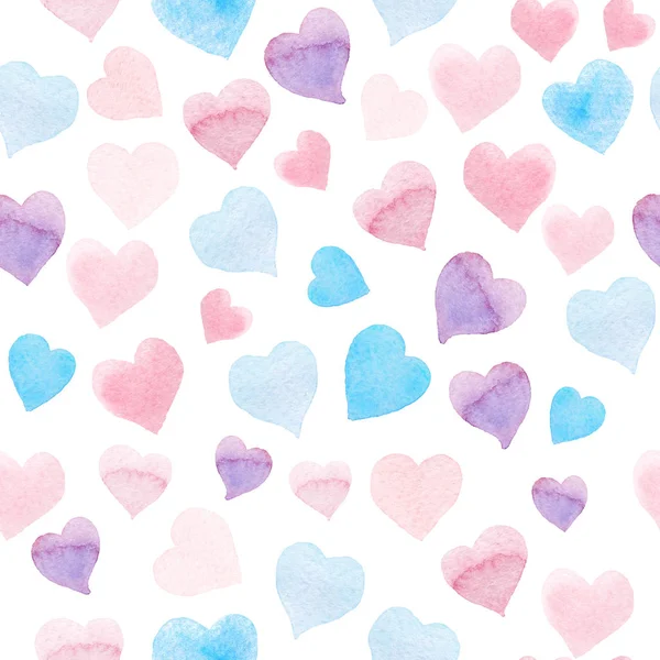 Nahtloses Aquarellmuster mit bunten Herzen - rosa, lila, blau getönt. — Stockfoto