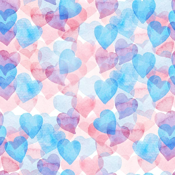 Motif aquarelle sans couture avec des coeurs colorés - teintes rose, violet, bleu . — Photo