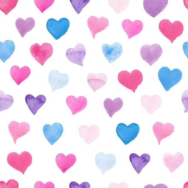Nahtloses Aquarellmuster mit bunten Herzen - rosa, lila, blau getönt. — Stockfoto