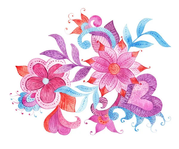 Αφηρημένη εικόνα με πολύχρωμα χέρι ζωγραφισμένα ακουαρέλα φαντασίας φύλλα και λουλούδια. — Φωτογραφία Αρχείου