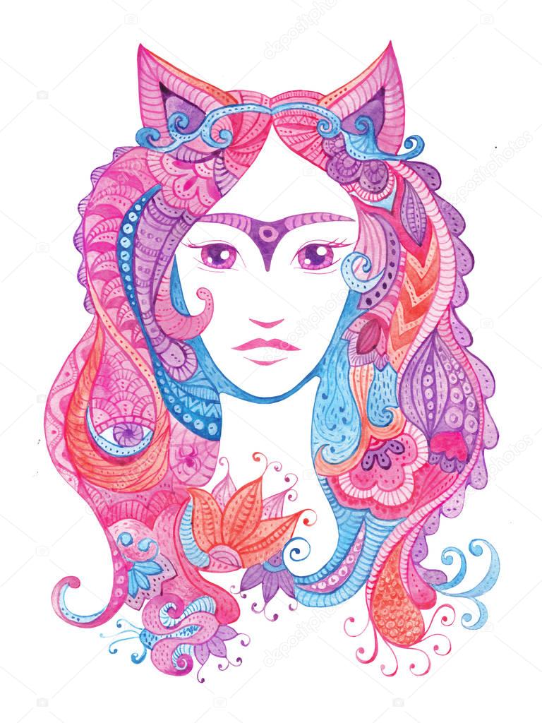 Whimsical hand drawn illustration with watercolor zentangles, female portrait