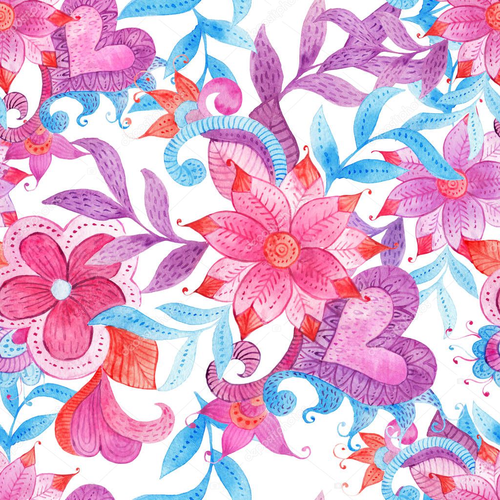 Abstract seamless floral pattern with colorful hand painted watercolor fantasy leaves and flowers.