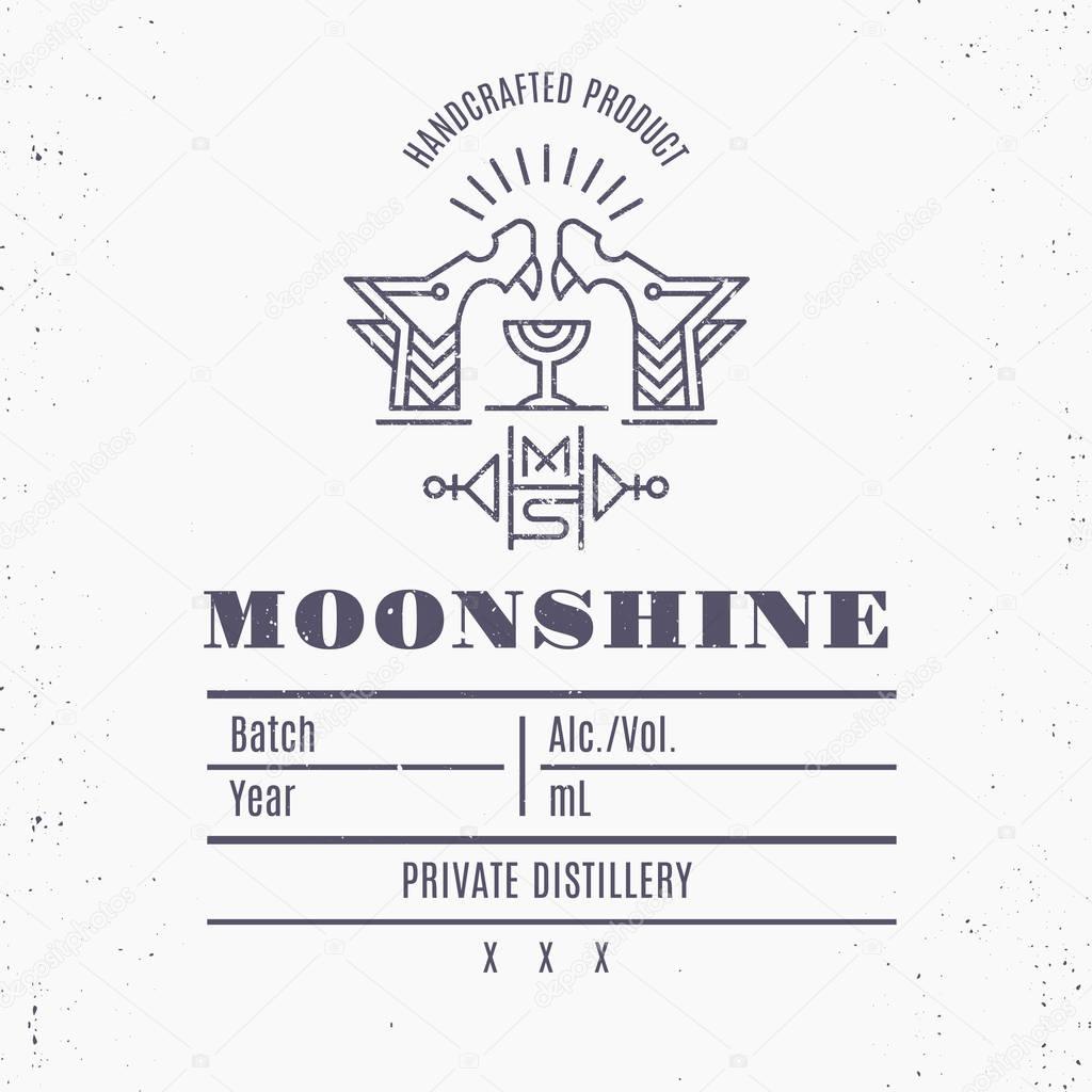 Vintage moonshone label design with ethnic elements in thin line style. Alcolol industry emblem, distilling business. Monochrome, black on white. Place for text