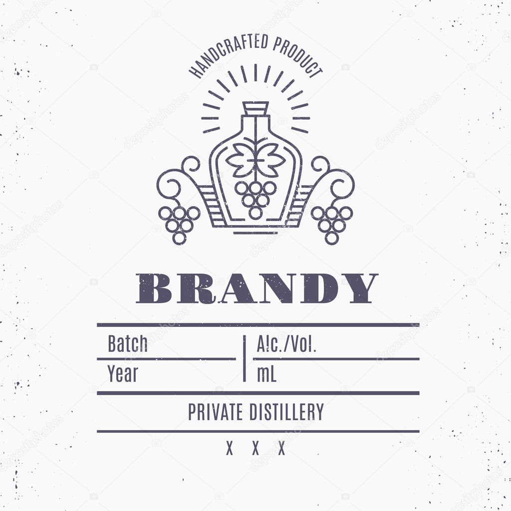 Vintage brandy label design with ethnic elements in thin line style. Alcolol industry emblem, distilling business. Monochrome, black on white. Place for text