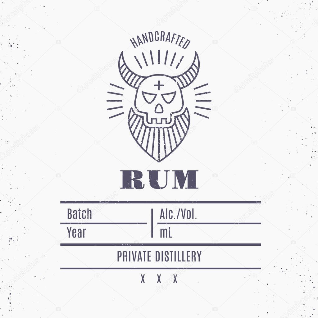 Vintage rum label design with ethnic elements in thin line style. Alcolol industry emblem, distilling business. Monochrome, black on white. Place for text